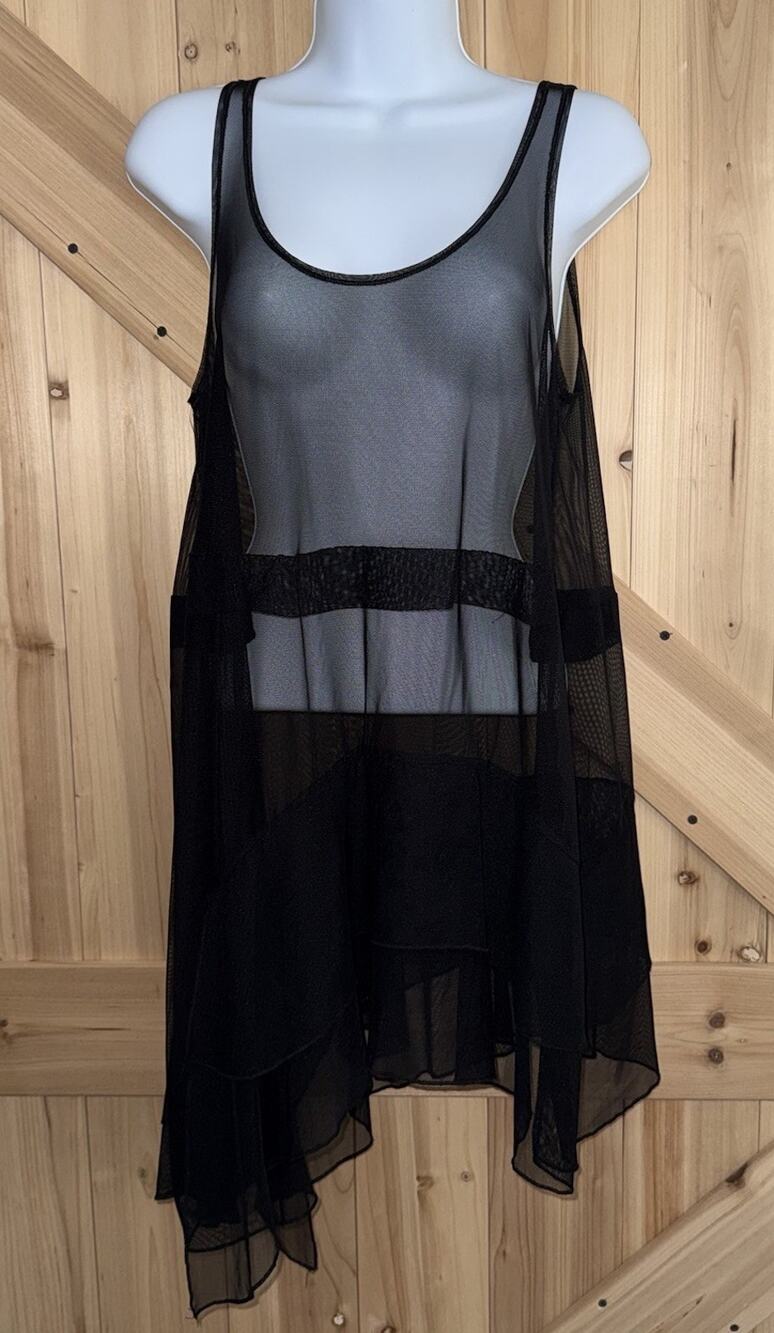 SYMPLI Black Sheer Mesh Ruffle Asymmetrical Hem Tank Whimsy Goth Dress Sz 10